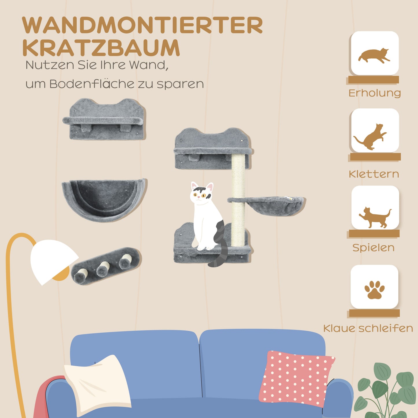 PawHut Kletterwand-Set für Katzen, Hängematte, Kratzbrett, Sprungplattformen, Plüsch, Sisal, Grau