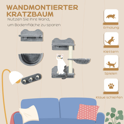 PawHut Kletterwand-Set für Katzen, Hängematte, Kratzbrett, Sprungplattformen, Plüsch, Sisal, Grau