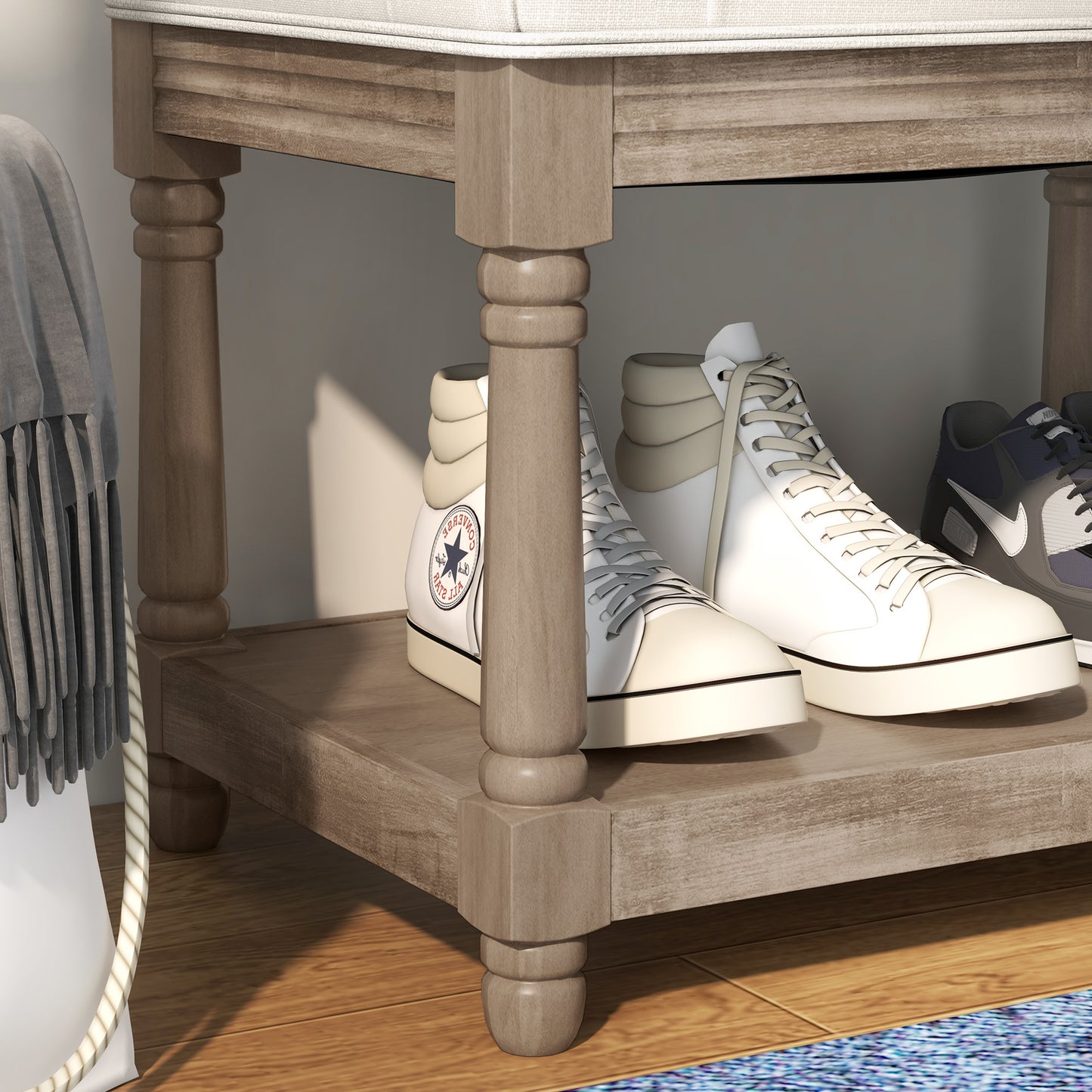 HOMCOM Sitzbank mit Stauraum, Vintage-Design, Knopfheftung, Kautschukbaumholz, 115x40x48cm, Cremeweiß