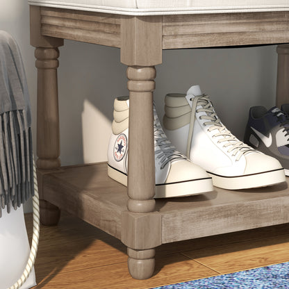 HOMCOM Sitzbank mit Stauraum, Vintage-Design, Knopfheftung, Kautschukbaumholz, 115x40x48cm, Cremeweiß