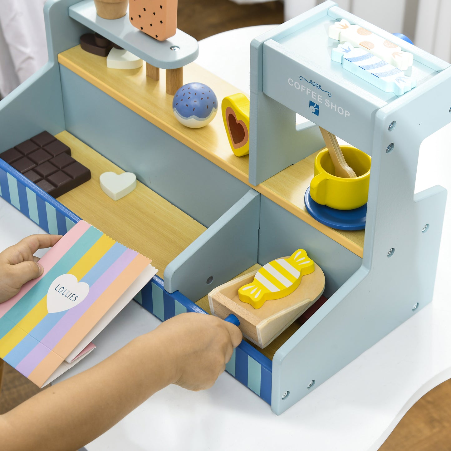 AIYAPLAY Spiel-Eisladen für Kinder, Eiscreme-Stand, viel Zubehör, fördert Fantasie und Motorik, Hellblau