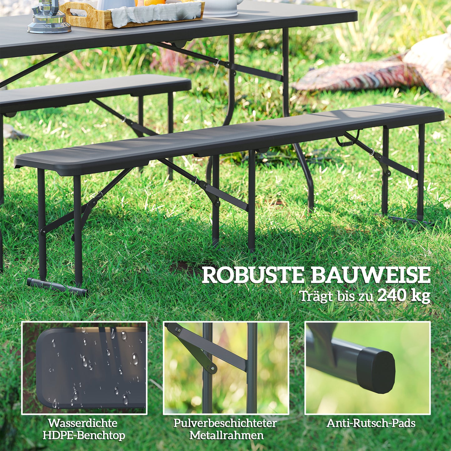 Outsunny Campingbank, Kunststoff-Outdoor-Bank, 240 kg Belastbarkeit, Schwarz