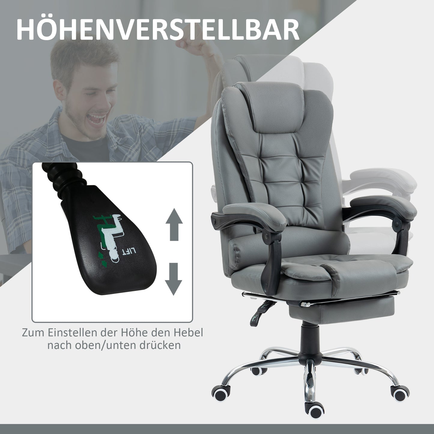 HOMCOM Bürostuhl mit Fußstütze, Schreibtischstuhl, verstellbare Rückenlehne, höhenverstellbar, Grau+Schwarz+Silber