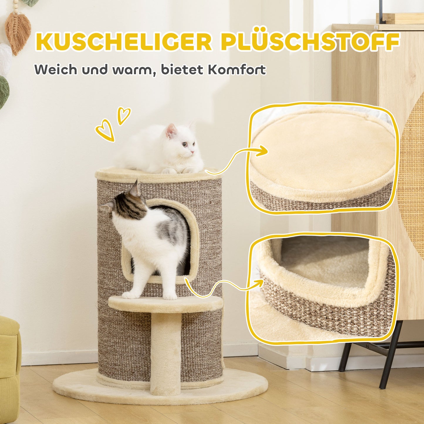 PawHut Katzenfass, Kratzbaum mit 2 Ebenen, Sprungplattform, Aussichtspunkt, Kratzmatte, zum Ausruhen und Spielen, Beige
