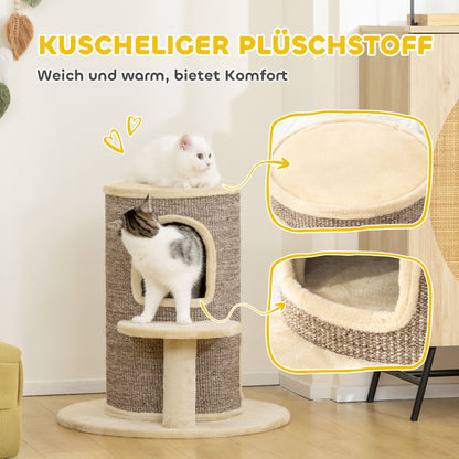 PawHut Katzenfass, Kratzbaum mit 2 Ebenen, Sprungplattform, Aussichtspunkt, Kratzmatte, zum Ausruhen und Spielen, Beige