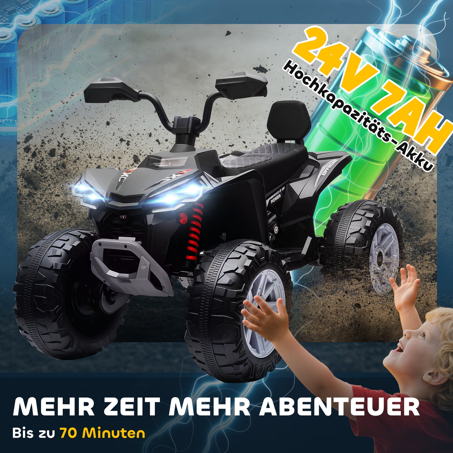 AIYAPLAY Kinder-Elektro-Quad, 24V Elektro-Fahrzeug mit 4 Rädern, Scheinwerfer, USB-Anschluss, MP3-Funktion, 6,5 km/h, 3-8 Jahre