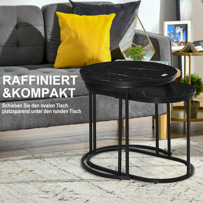 HOMCOM 2er-Set Couchtisch, Ovaler und runder Kaffeetisch, stapelbar, Marmoroptik, MDF, Metall, Ø50 x 50,5H cm, Schwarz