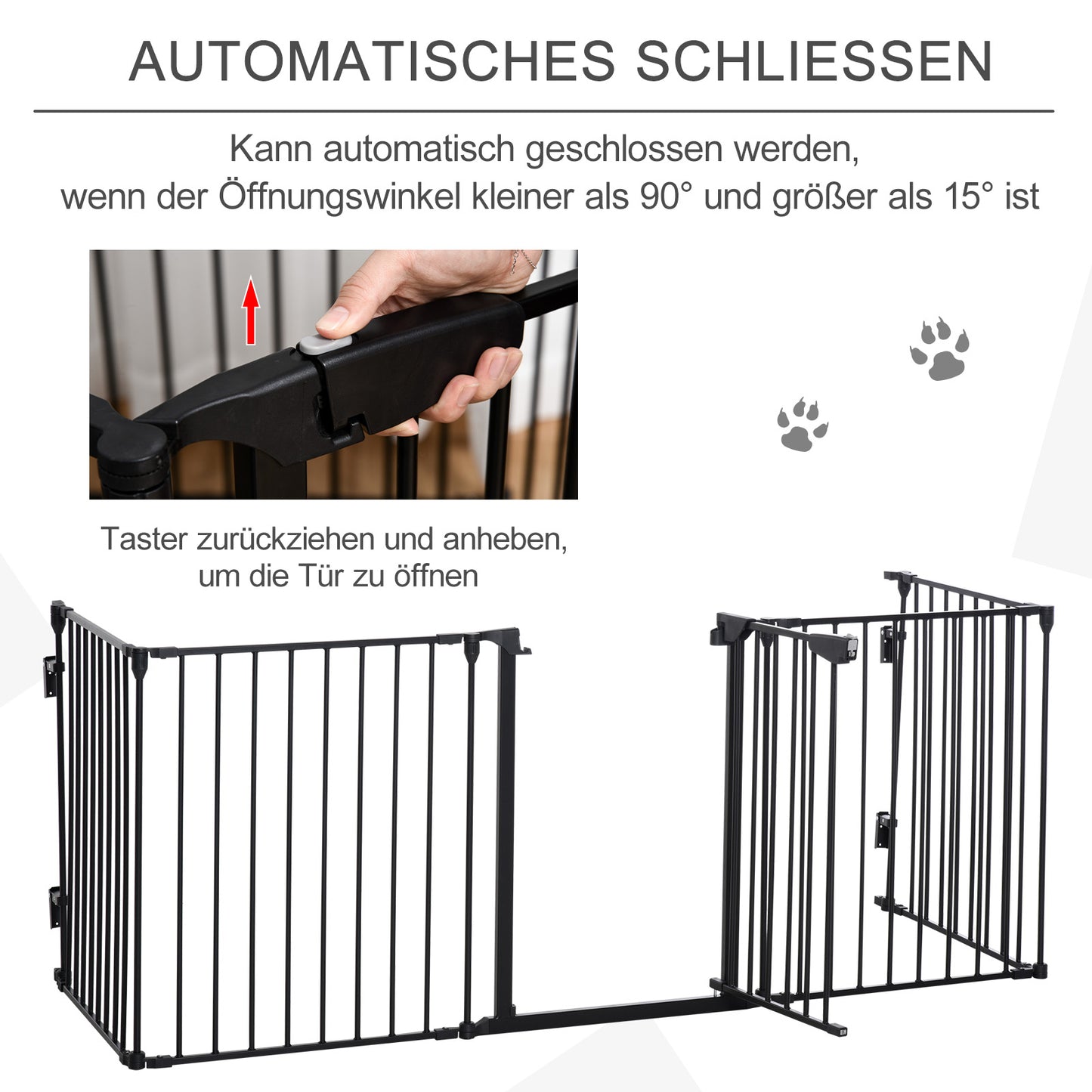 PawHut 2-in-1 Absperrgitter, Haustier-Laufstall, Sicherheitstor, faltbar, Metall, 300 x 3 x 74,5 cm, Schwarz