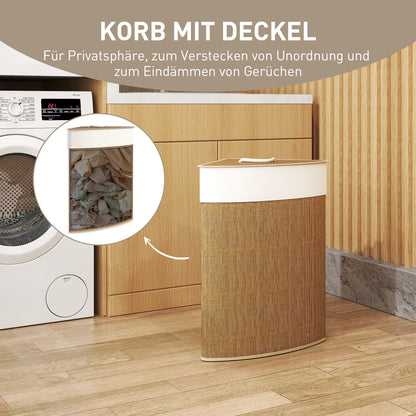 HOMCOM Wäschekorb im Eckdesign, Bambusgeflecht, 55 Liter, Stoffbeutel, Metallrahmen, Braun