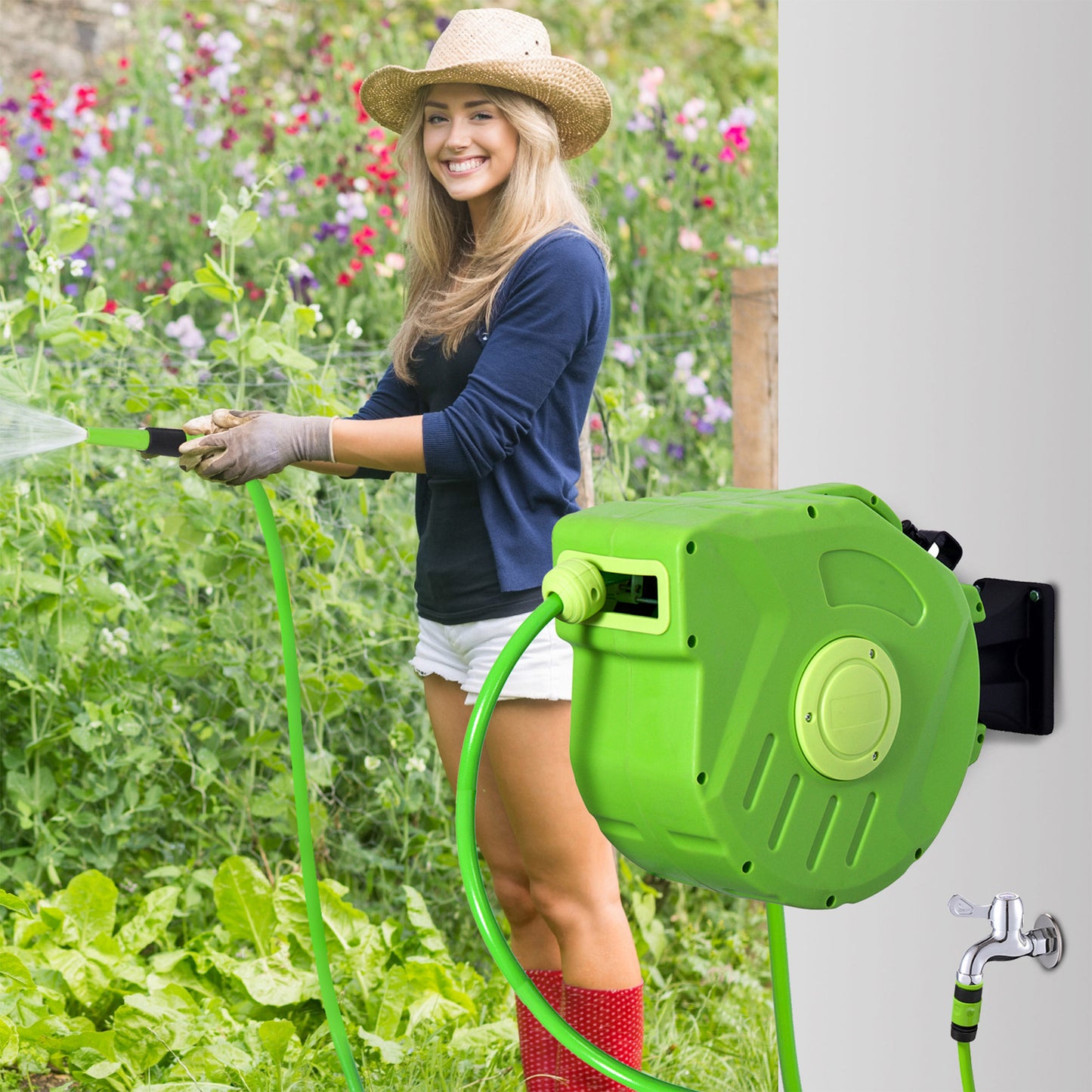 Outsunny Schlauchtrommel 15+1,5m Schlauchaufroller Automatik schwenkbar Druckluft Garten 180° schenkbar Druckluftschlauch Grün