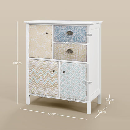 HOMCOM Sideboard, Shabby Chic Kommode, 2 Schubladen, 3 Schrankfächer, Kiefernholz, 68x34x80cm, Weiß