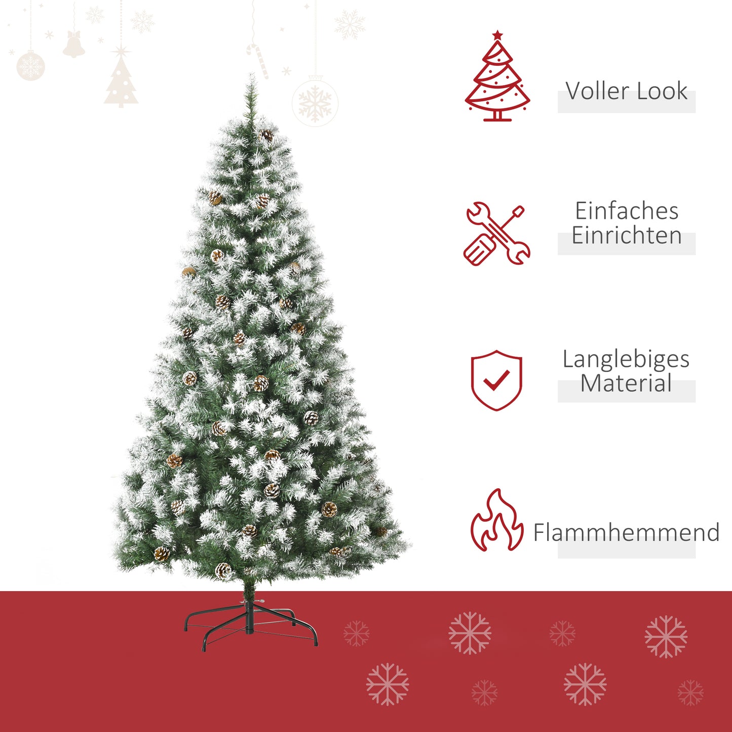 HOMCOM Künstlicher Weihnachtsbaum, 800 Zweige, 61 Zapfen, verschneite Spitzen, feuerfest, 180 cm