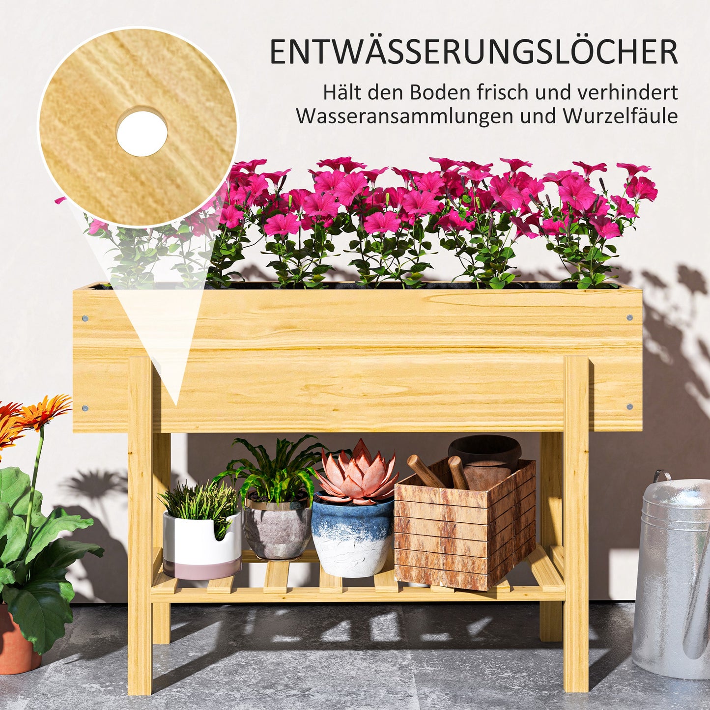 Outsunny Blumenkasten mit unterem Regal, Holzbeet mit Vlies-Auskleidung und Entwässerungslöchern, 100 x 30 x 70,5 cm, Naturholz
