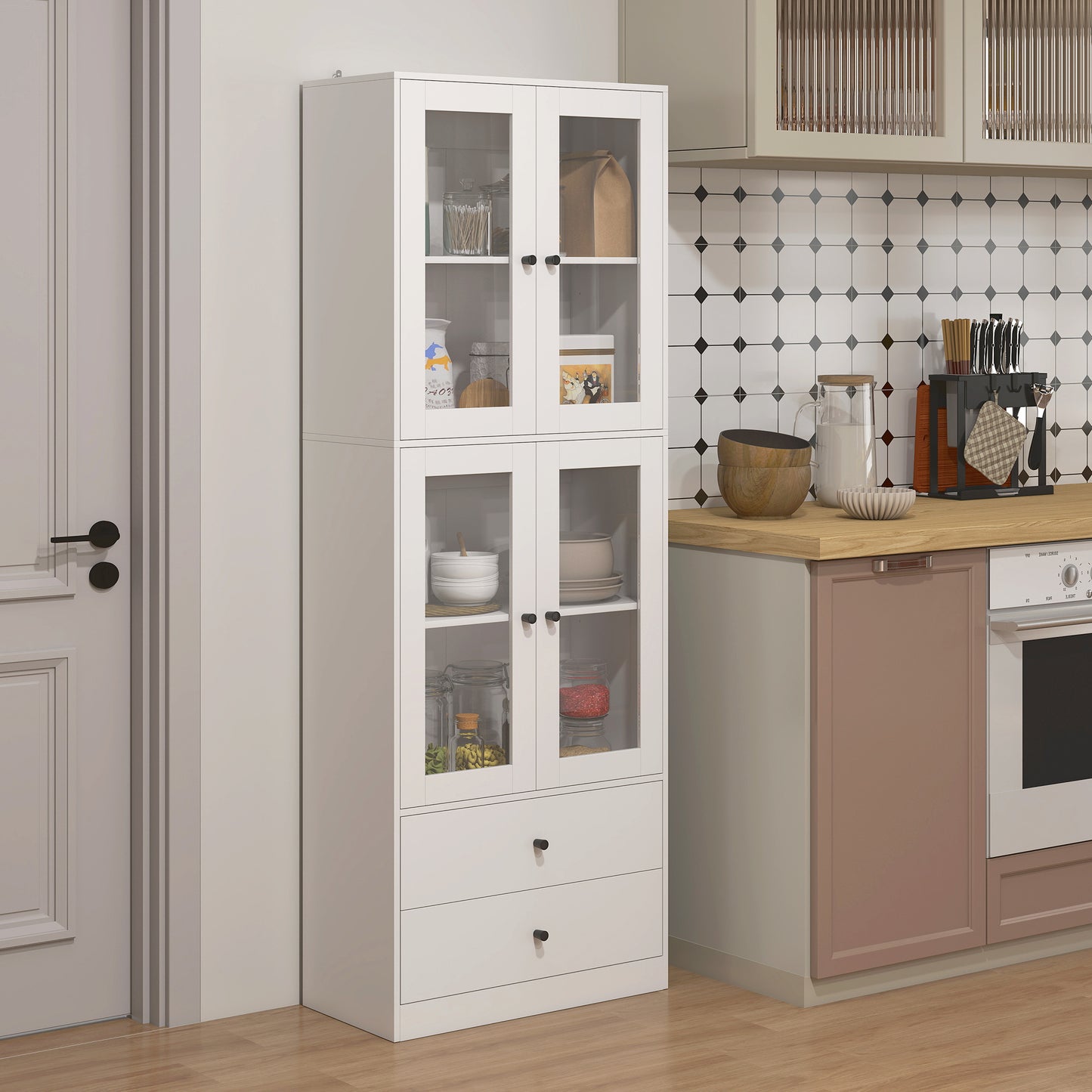 HOMCOM Küchenschrank mit Schubladen und Glastüren, Melamin-Oberfläche, Weiß