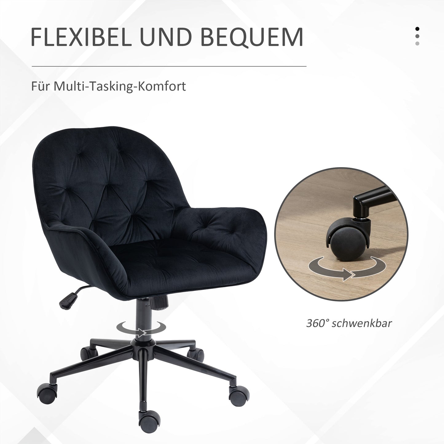 Vinsetto Homeoffice Stuhl Schreibtischstuhl mit Samtoptik höhenverstellbar Drehstuhl Schminkstuhl Bürostuhl bis 120 kg belastbar, für Arbeitszimmer, Schlafzimmer Schwarz