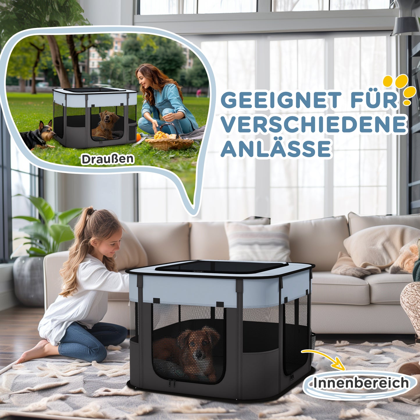 PawHut Spielgehege für Haustiere, faltbar, mit Aufbewahrungstasche, für Welpen und Kätzchen, drinnen und draußen, Grau