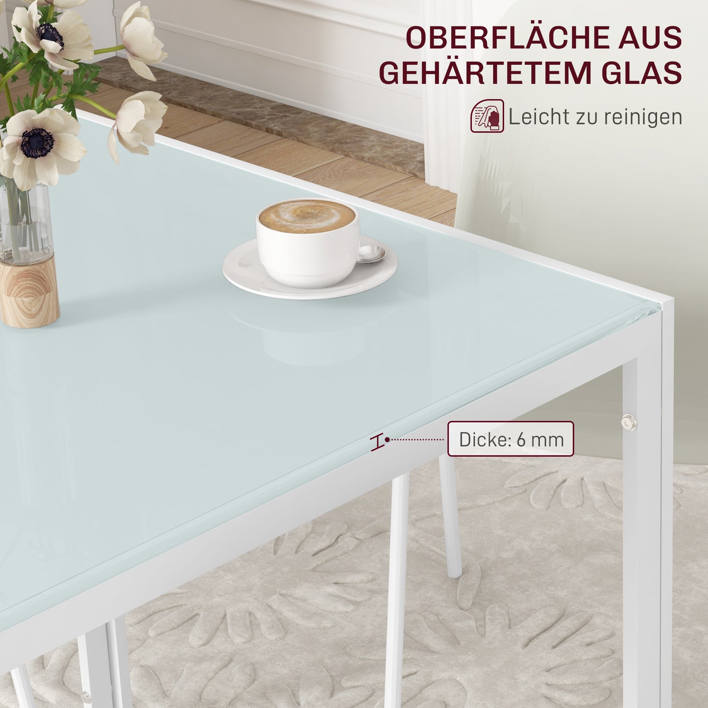 HOMCOM Quadratischer Esstisch für 4 Personen, Tischplatte aus Hartglas, für Küche und Esszimmer, 75 x 75 x 75 cm, Weiß