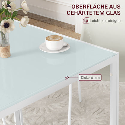 HOMCOM Quadratischer Esstisch für 4 Personen, Tischplatte aus Hartglas, für Küche und Esszimmer, 75 x 75 x 75 cm, Weiß