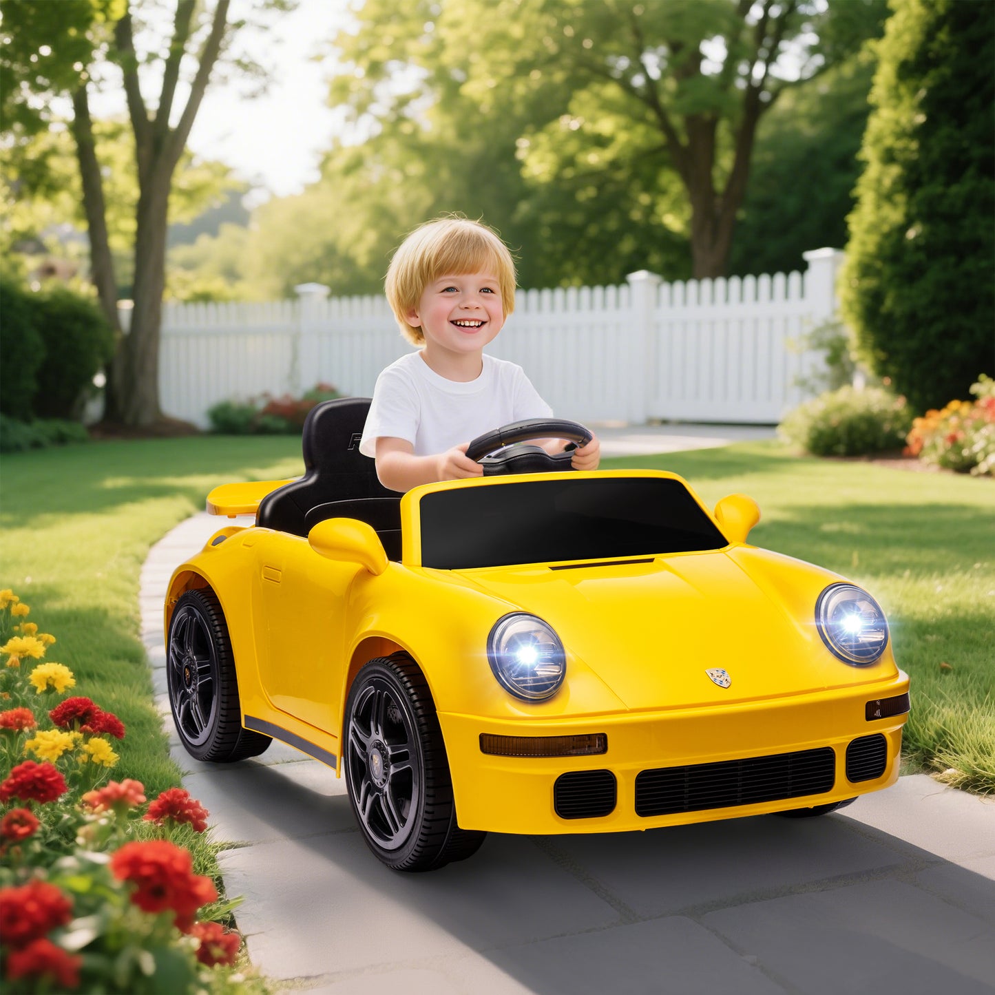AIYAPLAY Kinder-Elektroauto, 12V Kinderauto mit Fernbedienung, sanfter Start, MP3-Player, LED-Lichter, Hupe, Energieanzeige, Gelb