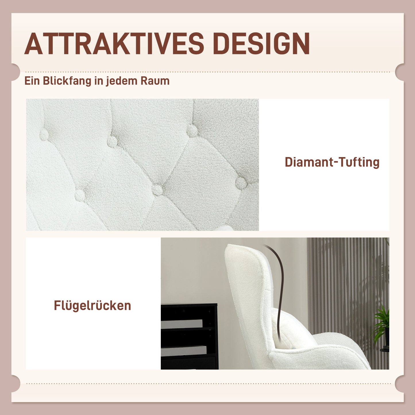 HOMCOM Polstersessel mit Rautensteppung, Bezug aus Teddystoff, mit Dekokissen, 88 x 75 x 106 cm, Weiß