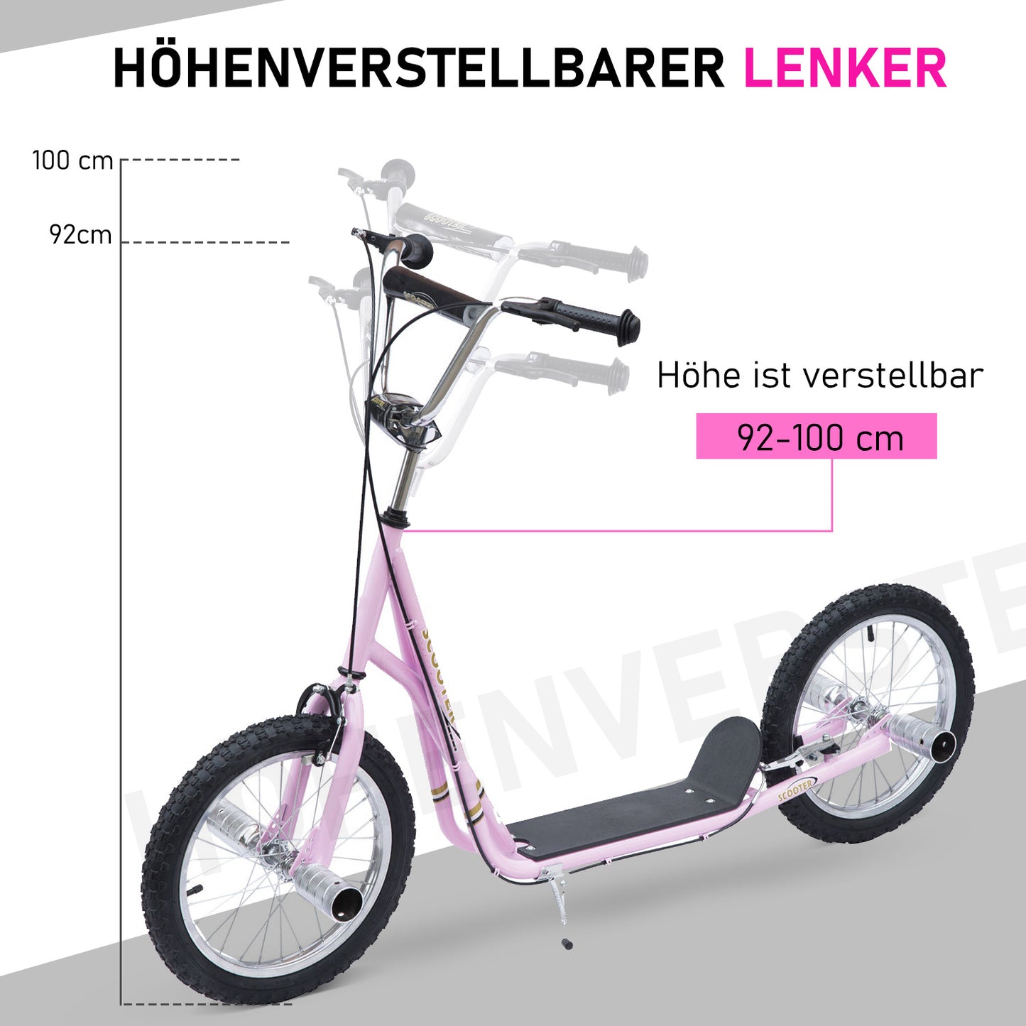 HOMCOM Kinderroller mit Luftreifen Kickscooter Scooter Tretroller Cityroller für Kinder Kickboard 16 Zoll ab 5 Jahre Höhenverstellbar Rosa 143 x 58 x 92-100 cm