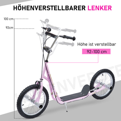 HOMCOM Kinderroller mit Luftreifen Kickscooter Scooter Tretroller Cityroller für Kinder Kickboard 16 Zoll ab 5 Jahre Höhenverstellbar Rosa 143 x 58 x 92-100 cm