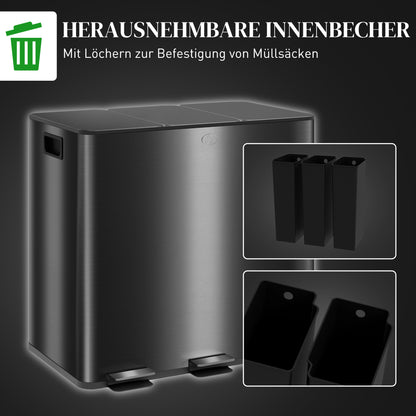 HOMCOM Mülleimer mit 3 x 20 L Fächern, Deodorant-Deckel, fingerabdrucksicher, Soft-Close, herausnehmbar, Schwarz