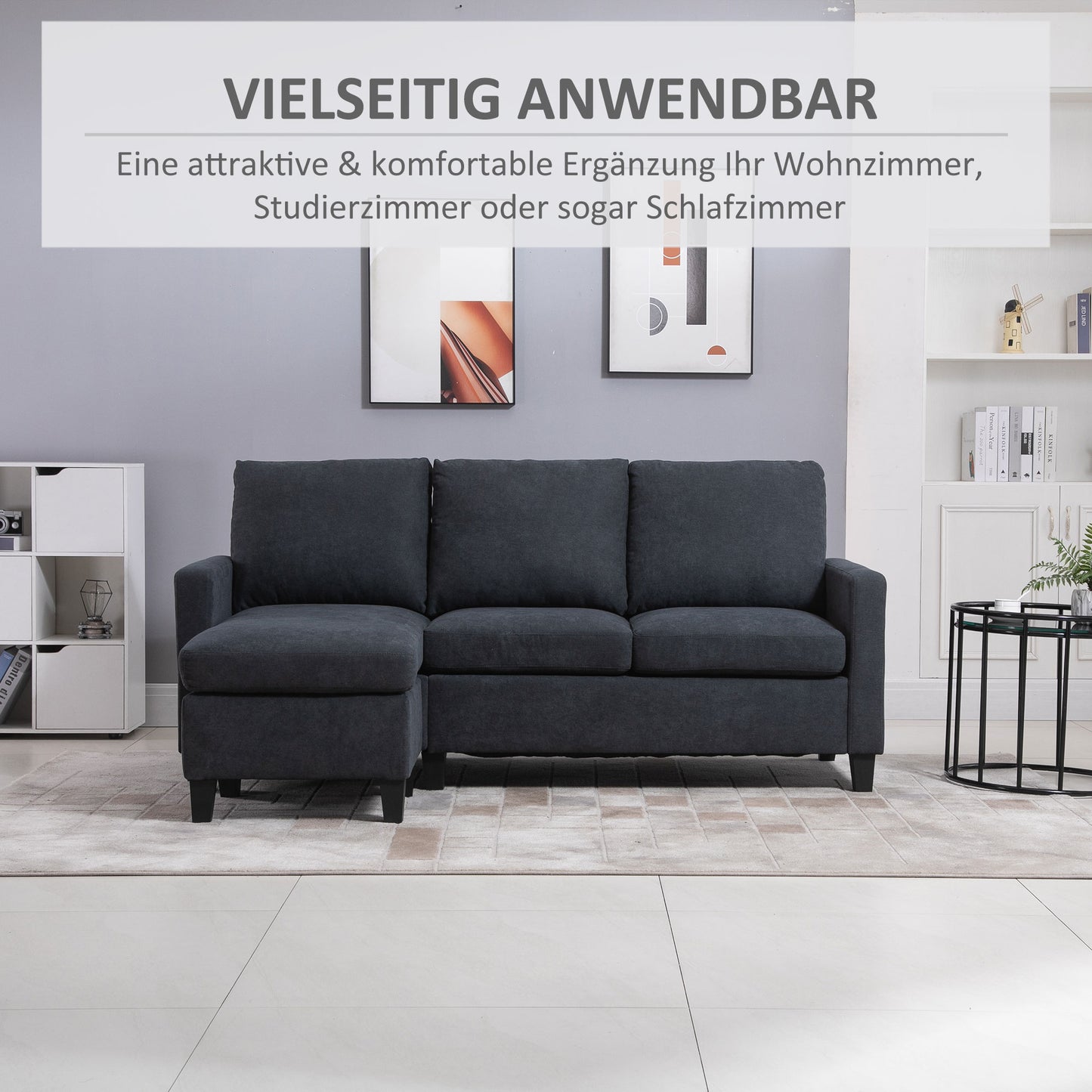 HOMCOM Ecksofa, Couchgarnitur, mit wendbarer Chaiselongue, 197 x 139 x 91cm, dunkelgrau