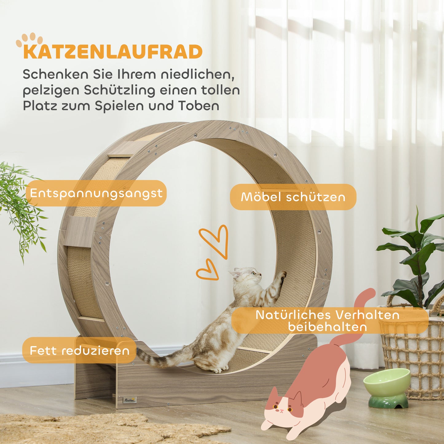PawHut Katzenlaufrad, Laufrad für Katzen, 91 cm, mit Bremse, Kratzmatte, Katzenrad für gesunde Bewegung, Walnuss