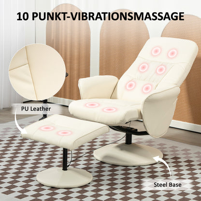 HOMCOM Massagesessel mit Fußhocker, Ergonomischer Stuhl mit 10 Vibrationspunkten, Kunstleder, 76 x 81 x 105 cm, Cremeweiß