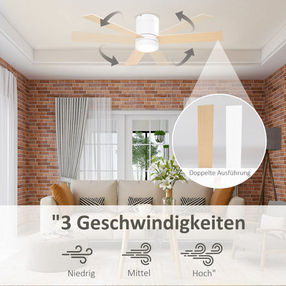 HOMCOM Deckenventilator mit LED-Licht, 2-in-1 Design, mit Timer, Fernbedienung, Deckenlampe mit Ventilator, Weiß+Naturholz
