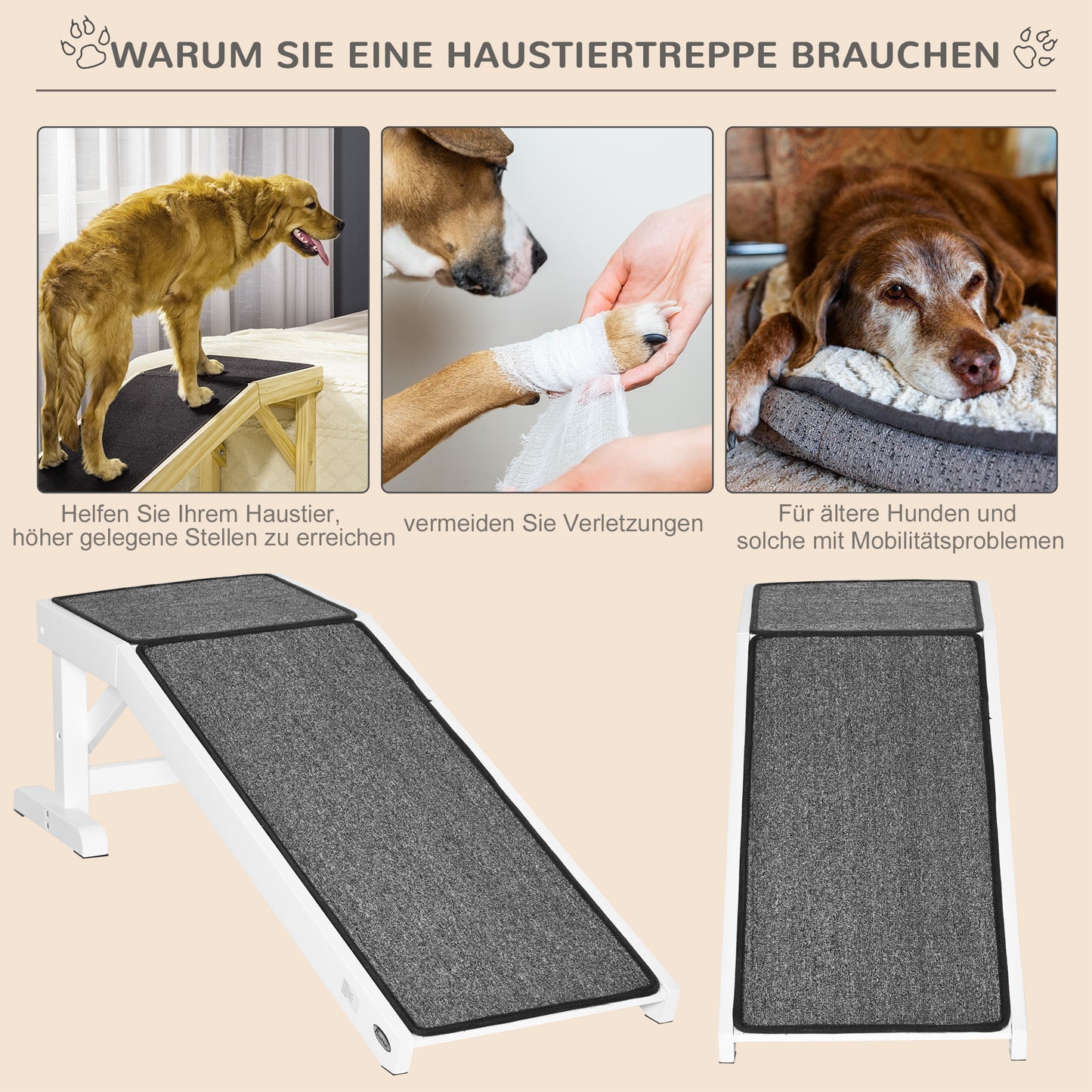 PawHut Haustierrampe mit rutschfestem Teppich 125 x 40 x 35,5 cm Kiefernholz