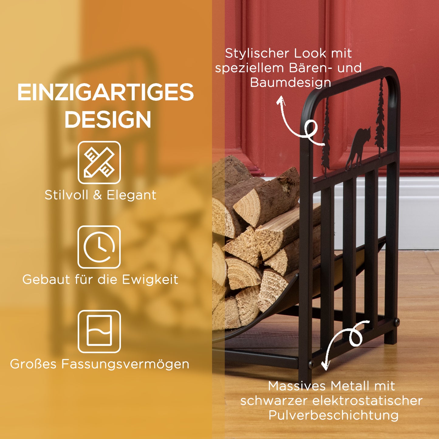 Outsunny Brennholzgestell, Baum- und Bärenszene, Metallstruktur, erhöhte Bodenplatte, 42x33,5x43 cm, Schwarz