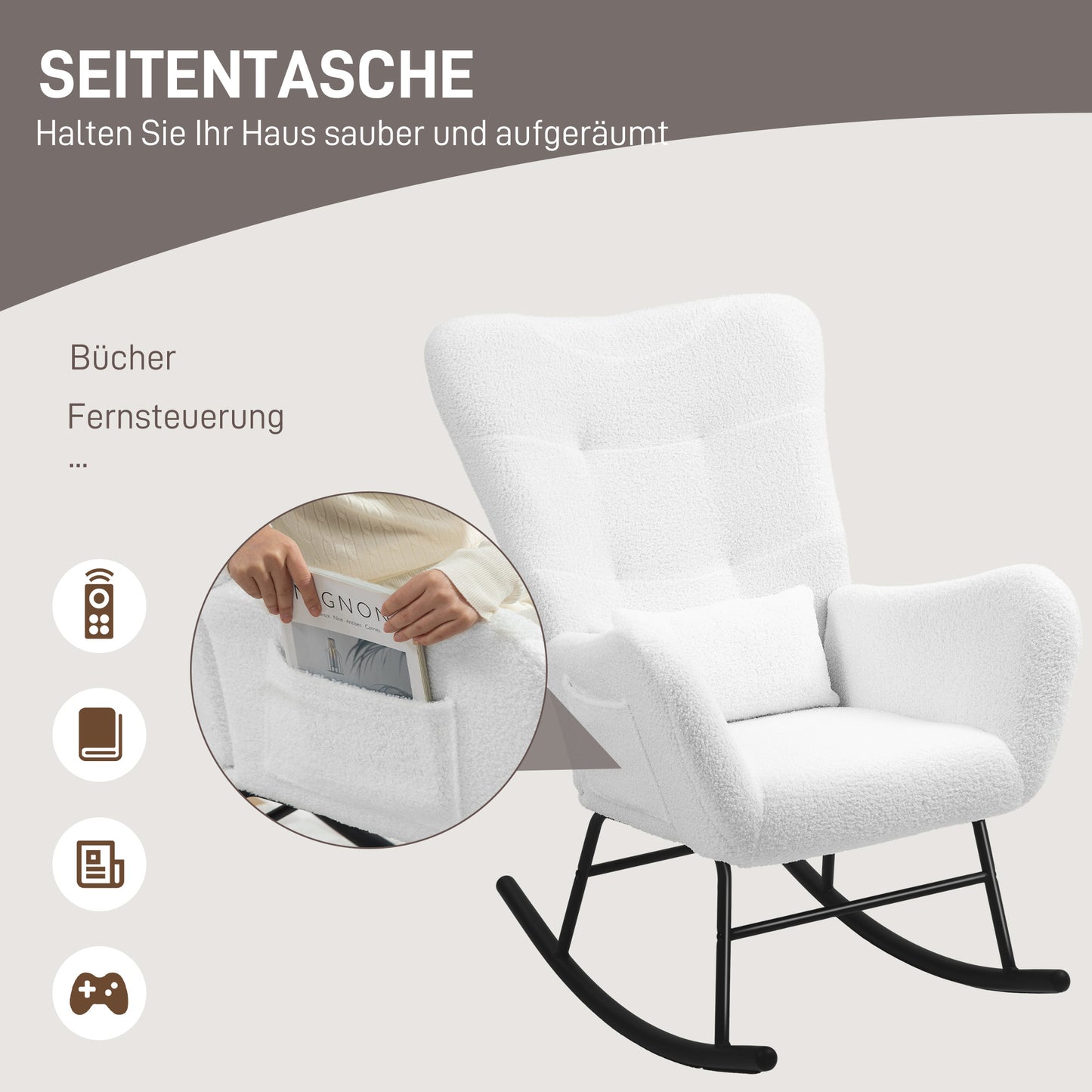 HOMCOM Schaukelstuhl, flauschiger Bezug, Lendenkissen, rutschfest, bis 120 kg, Weiß