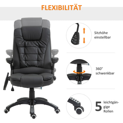 HOMCOM Massagesessel Bürostuhl, Chefsessel mit 6-Punkt-Vibrationsmassage und Wärmefunktion, drehbar Gaming-Stuhl, Kunstleder, 70 x 70 x 111–121 cm, Schwarz
