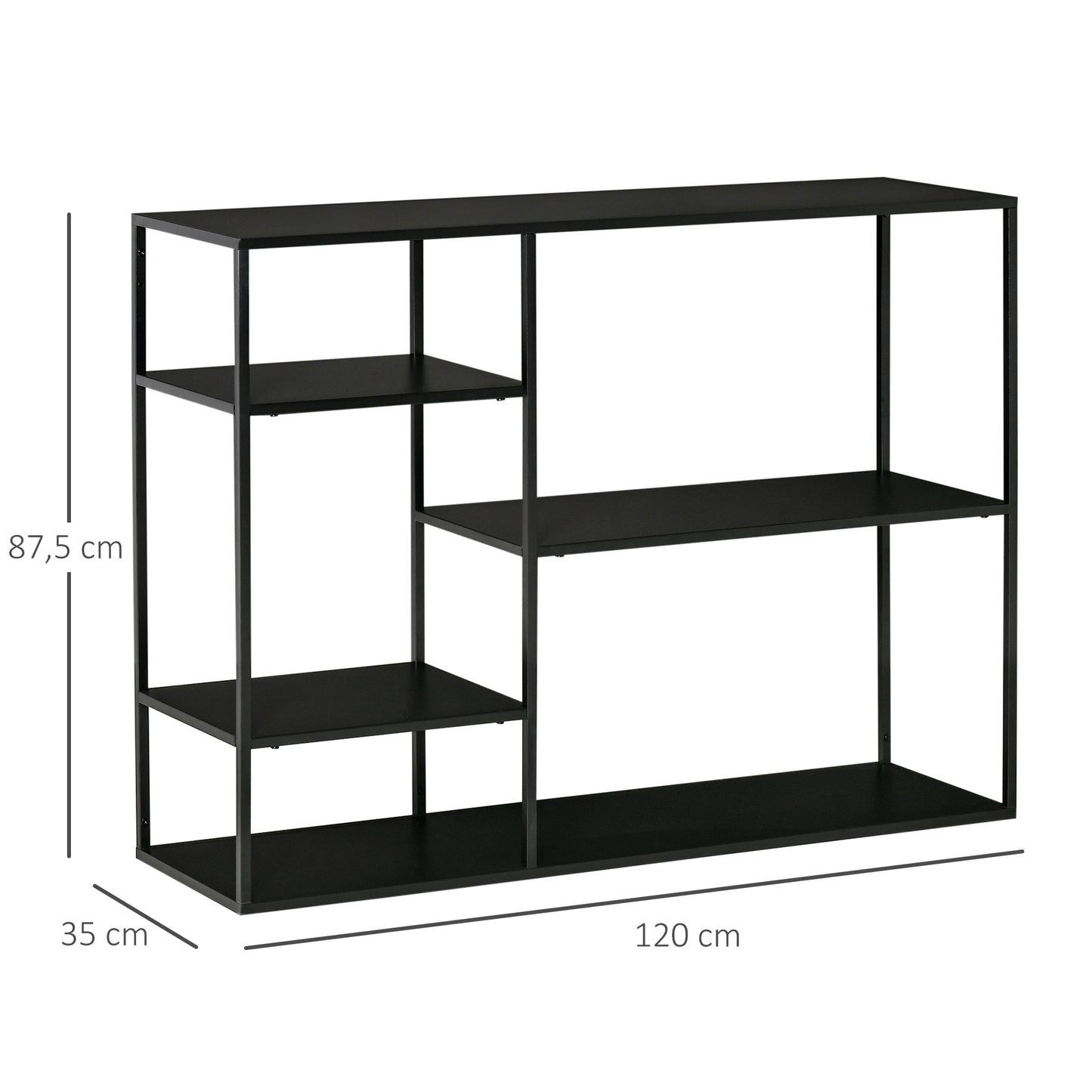 HOMCOM Standregal Bücherregal mit 5 offenen Fächern, Aufbewahrungsregal mit Metallrahmen, Würfelregal für Küche, Wohnzimmer, Schwarz, 120 x 35 x 87,5 cm