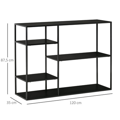HOMCOM Standregal Bücherregal mit 5 offenen Fächern, Aufbewahrungsregal mit Metallrahmen, Würfelregal für Küche, Wohnzimmer, Schwarz, 120 x 35 x 87,5 cm