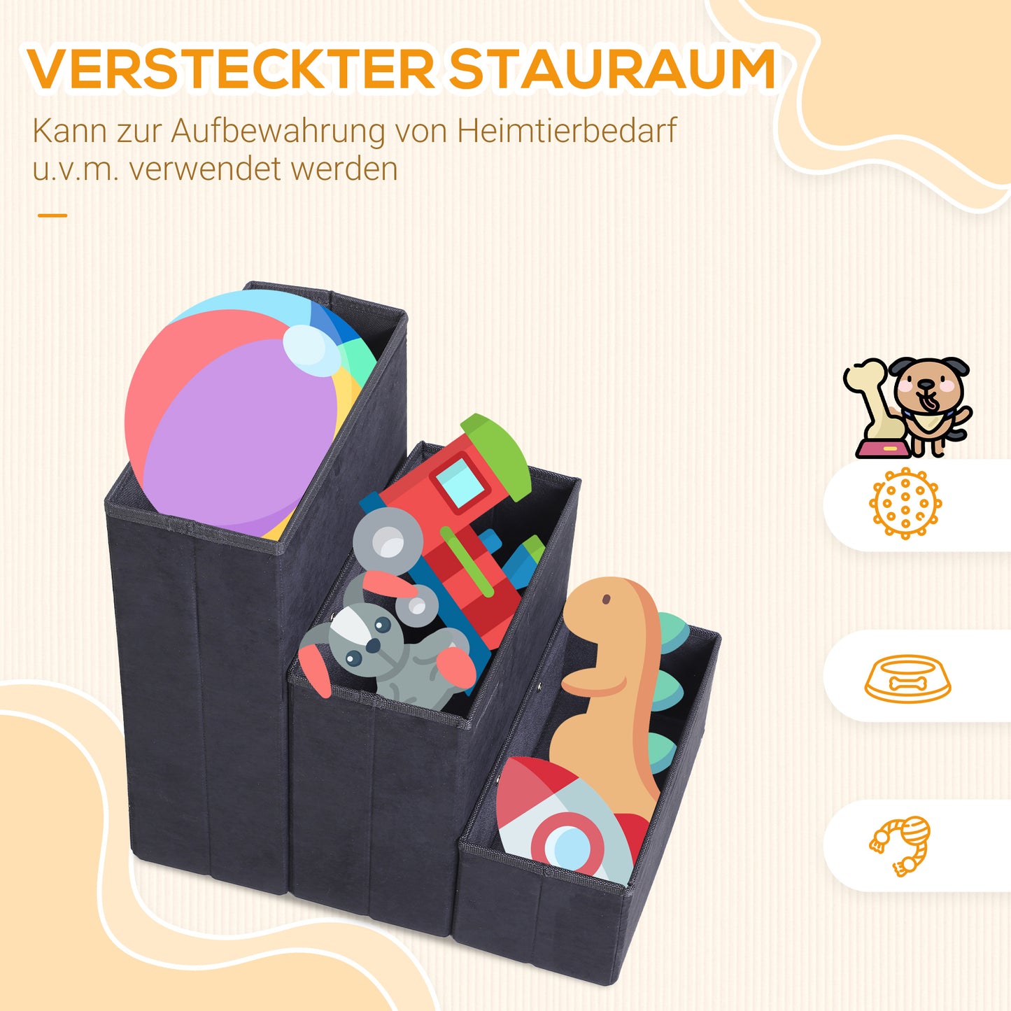 PawHut Haustiertreppe Katzentreppe Hundetreppe Faltbar 3 Stufen Tiertreppe mit Staurum für Katzen und Hunde MDF Schwarz 40 x 54 x 48 cm