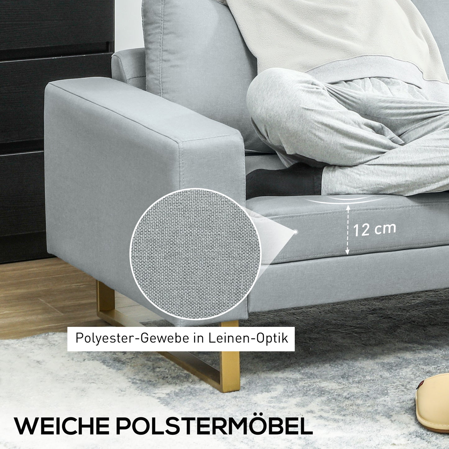 HOMCOM 3-Sitzer-Sofa, Couch mit Vollholzrahmen, Metallbeine, schlichtes Design, Hellgrau