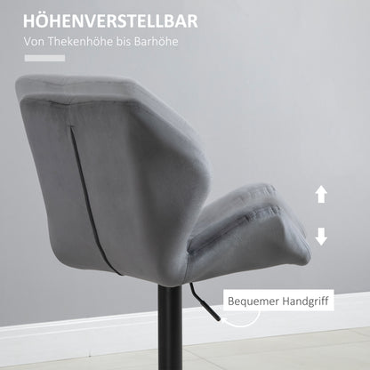 HOMCOM Barhocker 2er Set, Gepolstert Barstuhl mit Metallgestell, Lehne, Samtoptik, Höhenverstellbar 360° Drehbar