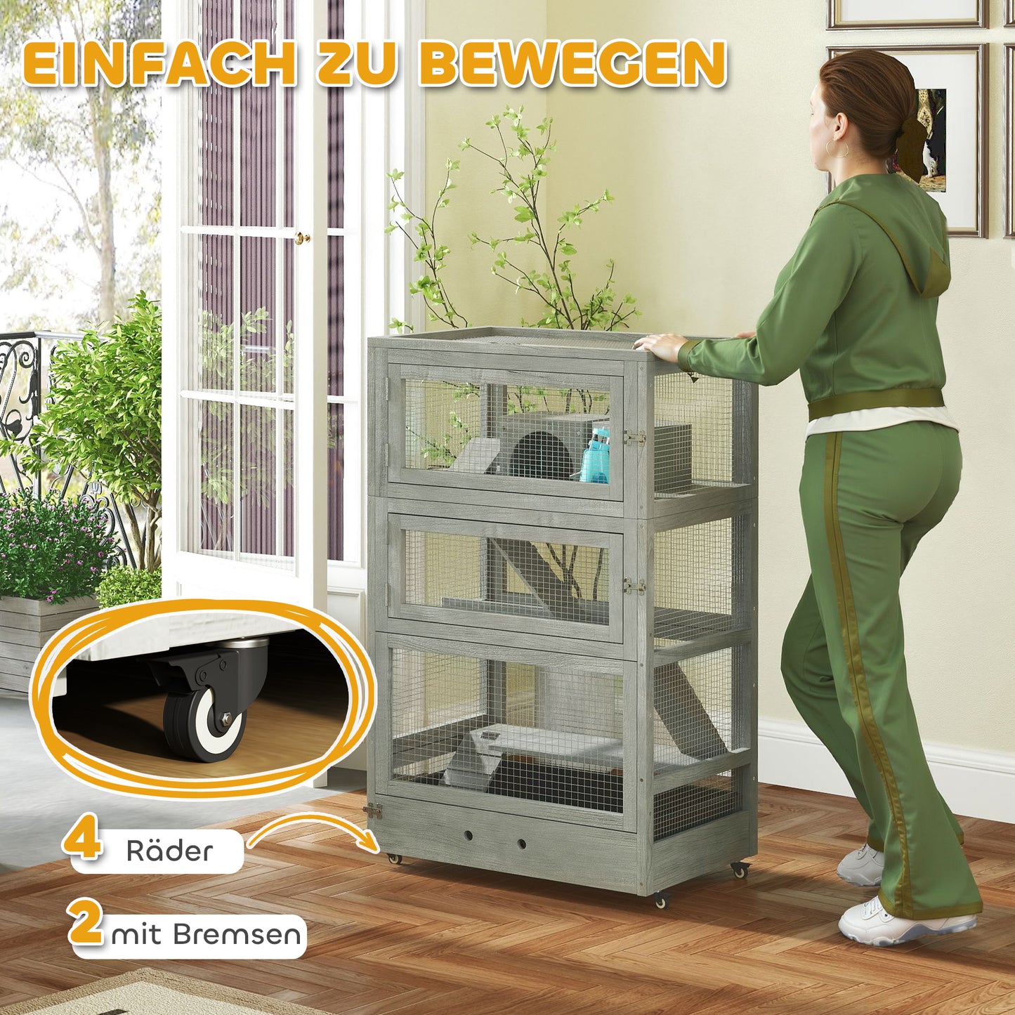 PawHut 4-stufiger Hamsterkäfig aus Holz, mit Hütten, Wippe, Futterschalen, Rampen, Rollen, 65 x 45 x 109 cm, Grau