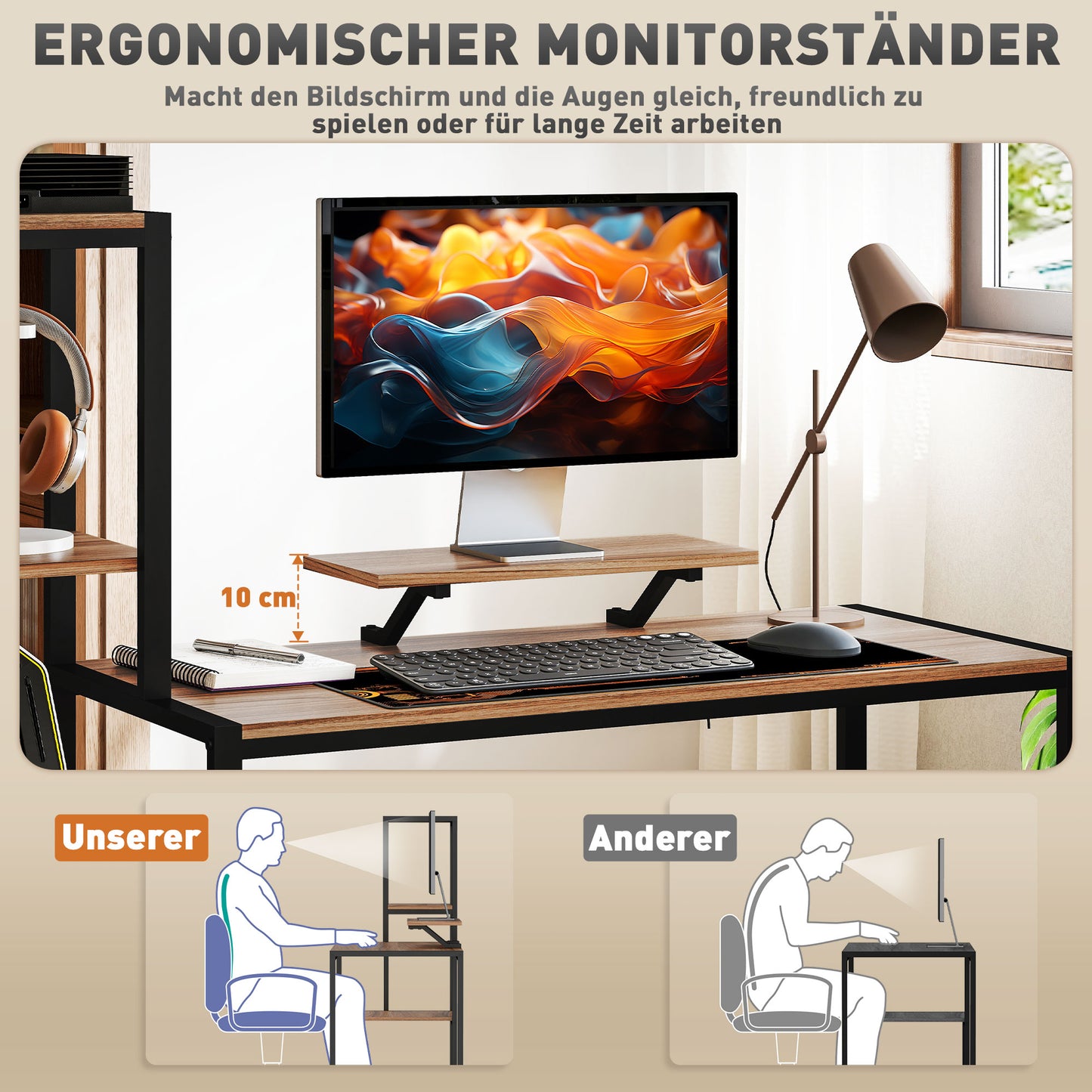 HOMCOM Computertisch mit Monitorständer, Schreibtisch mit 4-stufigem Regal, Industrielles Design, Braun