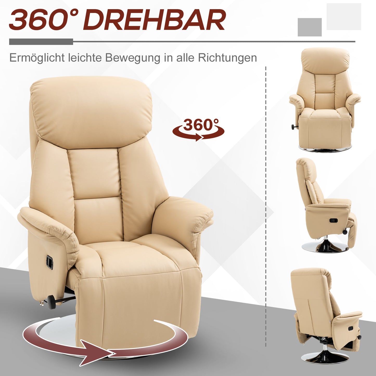 HOMCOM Relaxsessel, Liegefunktion, Lederoptik, Fußstütze, bis 150 kg, 78 x 80 x 109 cm, Beige