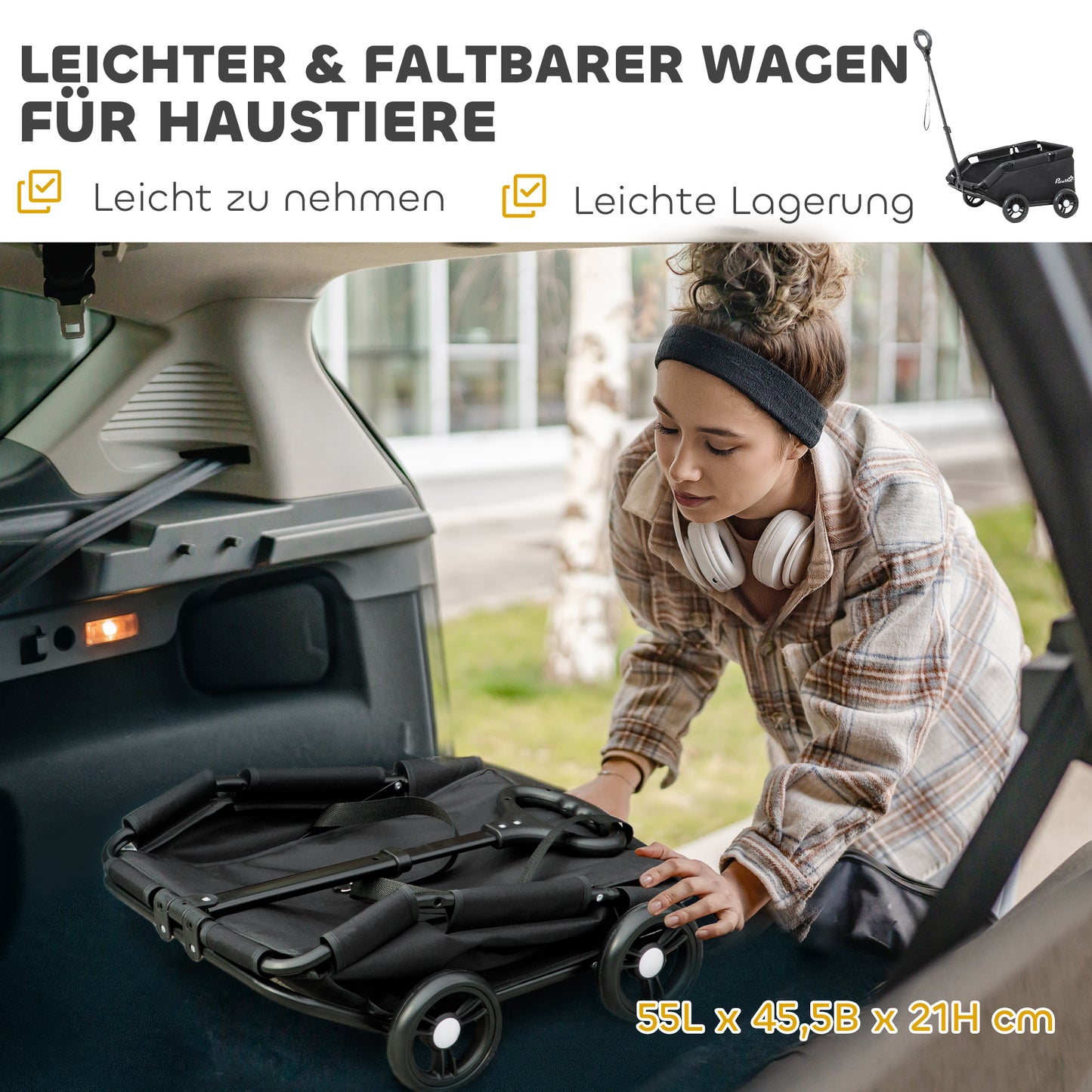 PawHut Hundewagen, klappbarer Hundebuggy für Zwergenhunde bis zu 4 kg, zusammenklappbarer Katzenbuggy mit Griffstange, waschbarem Kissen, Sicherheitsleinen, Aufbewahrungstasche, 4 Räder, Schwarz