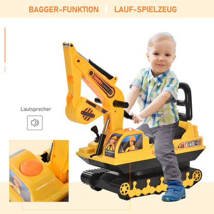 HOMCOM Sitzbagger Aufsitzbagger mit Schaufel Hupe, Kinderbagger mit Stauraum unter Sitz, Rutschauto Baggerfahrzeug zum Sitzen bis 30kg, Draufsitzen Sandbagger für Kinder 1,5-4 Jahre Gelb