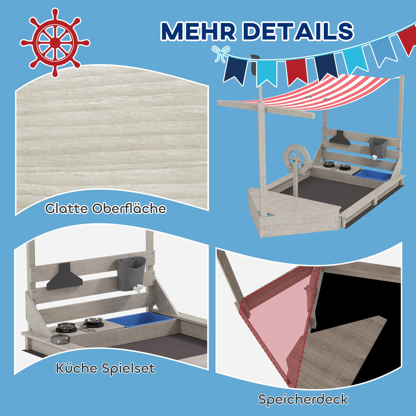 Outsunny Sandkasten mit Sonnendach Piratenschiff, inkl. Barnküchenspielset, Massivholz, 180 x 103 x 144,5 cm, Grau