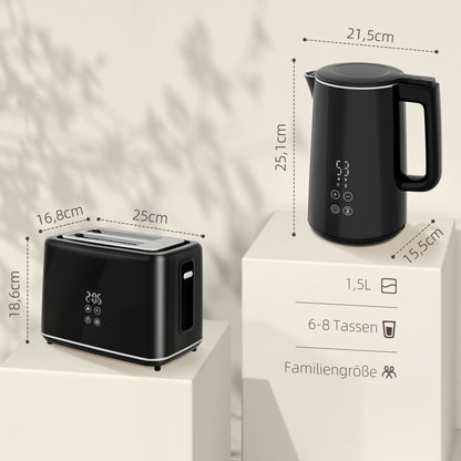 HOMCOM Küchenset mit Wasserkocher und Toaster, 7 Bräunungsstufen, schnelles Kochen, Edelstahl, Kunststoff, Schwarz