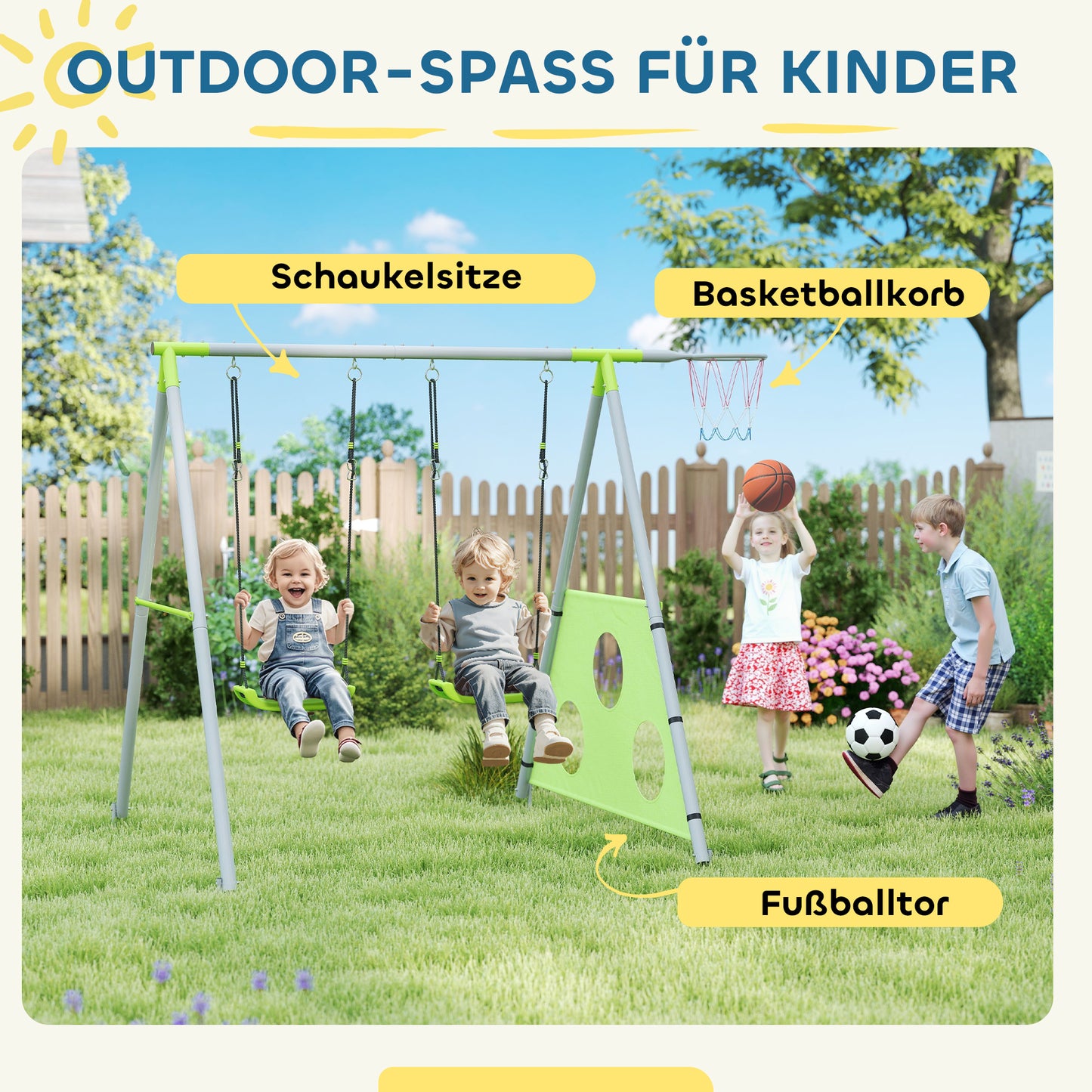 AIYAPLAY Schaukelset für Kinder, 2 Schaukelsitze, 1 Basketballkorb, 1 Fußballtor, Metallrahmen, Grün