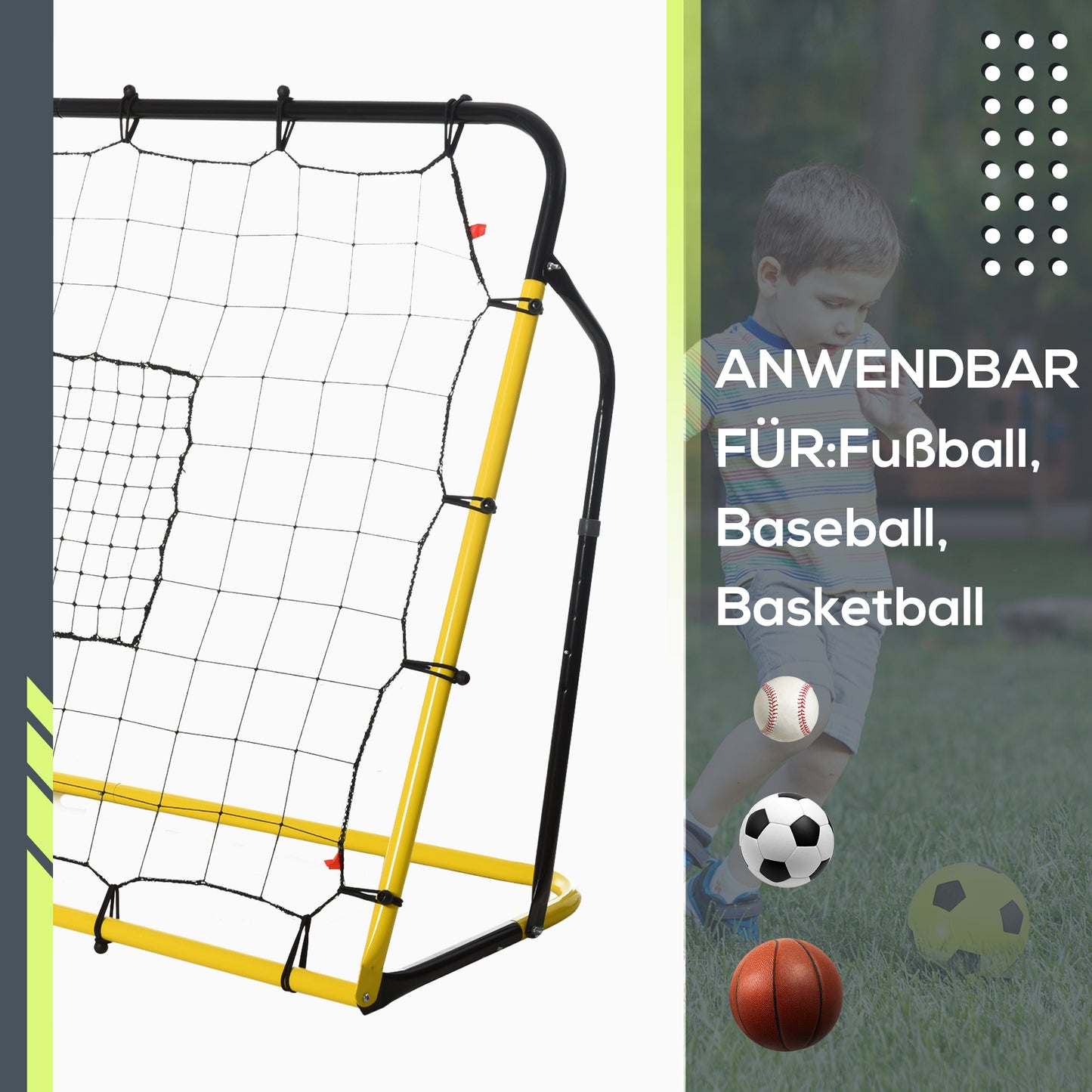 HOMCOM Kickback Fußball Rebounder Tor Rückprallwand Netz für Fußball, Basketball und Baseball, Stahl+PE, Gelb+Schwarz, 184 x 63 x 123 cm