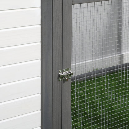 PawHut Hühnerstall für Zwerghühner 196 x 76 x 97 cm Hühnerhaus mit Nistkasten, Freilaufgehege Sitzstange, Kleintierstall aus Holz, Grau